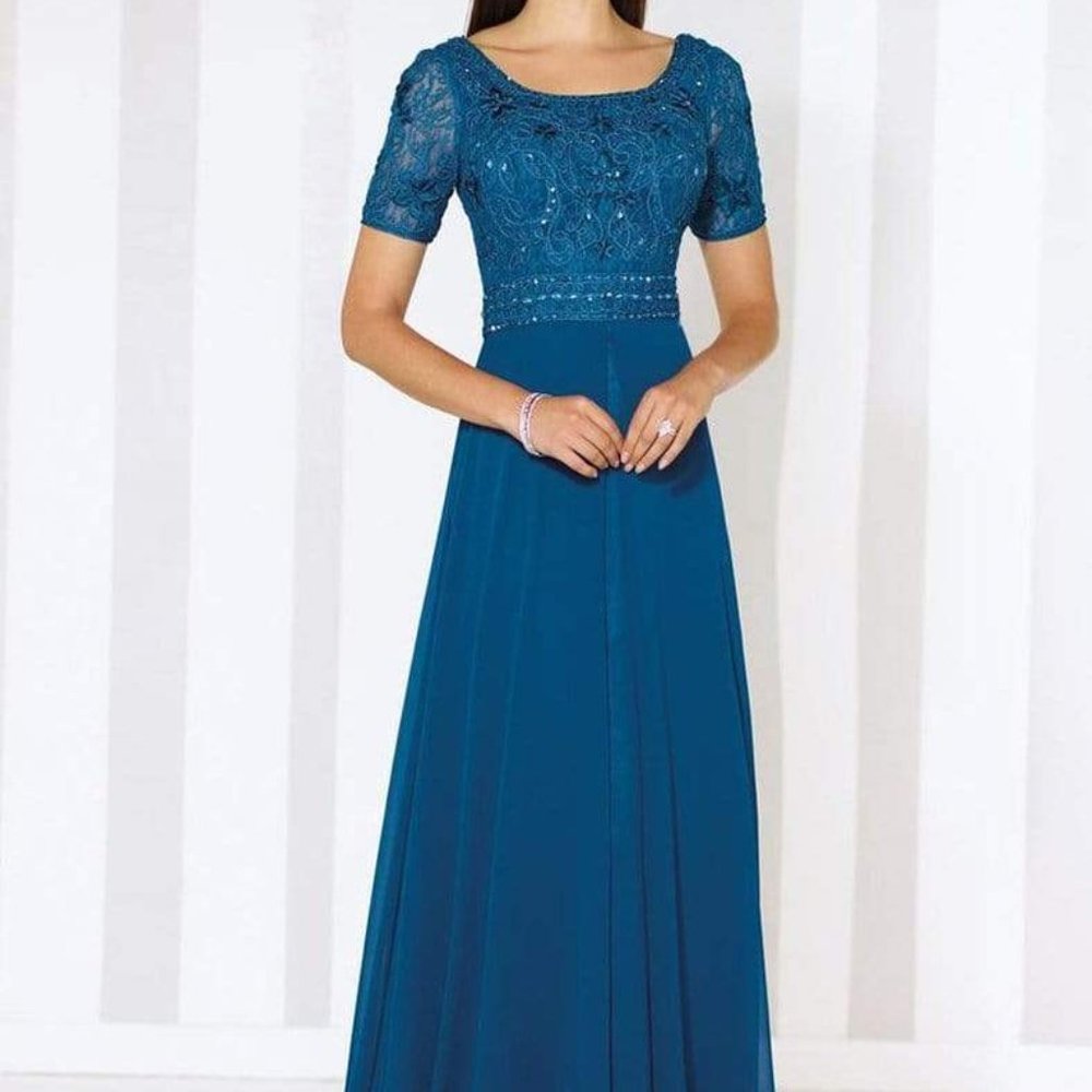 Mon Cheri style 116666 blue short sleeve A line